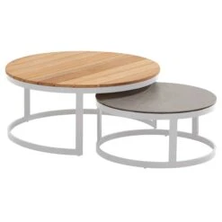 Salontafels Set Van 2 Stuart Aluminium, Teak En Keramiek - Naturel/wit/antraciet