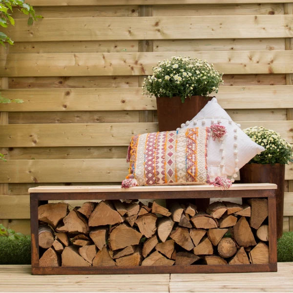 Houtopslag Elara Met Bank 120x40x42cm Staal En Hout - Roest 1 Houtopslag Elara Met Bank 120x40x42cm Staal En Hout - Roest